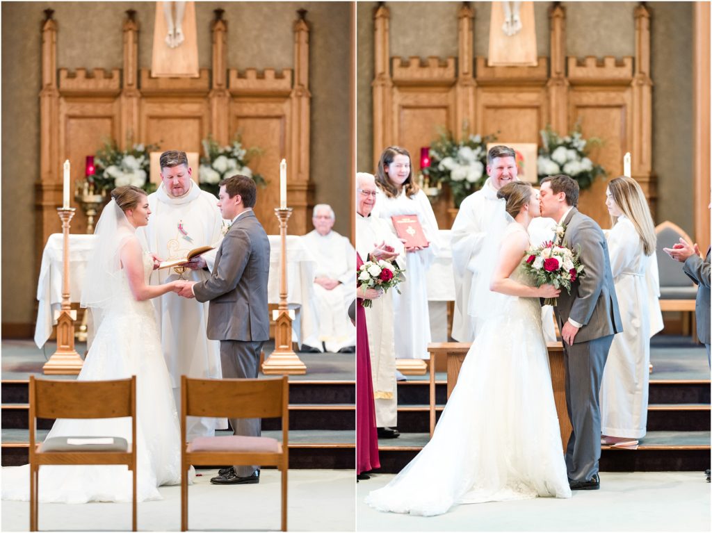 st. andrews church wedding ceremony bride and groom first kiss