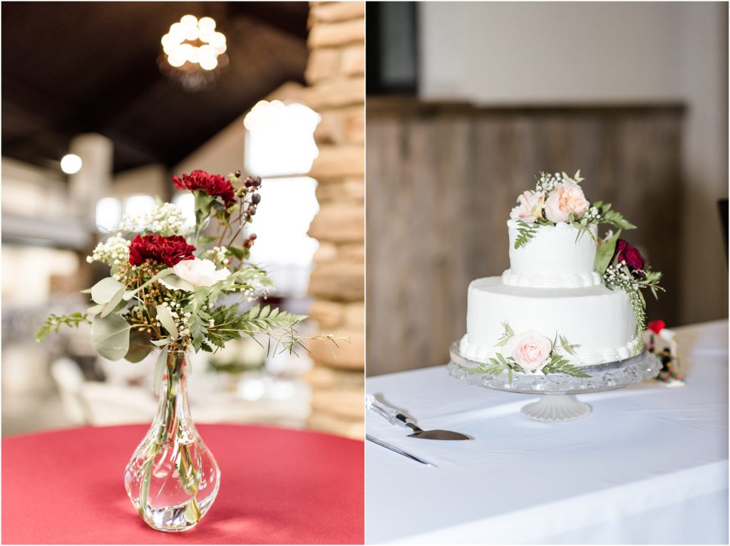 floral and cake details of wedding at capital bluffs event center wedding reception