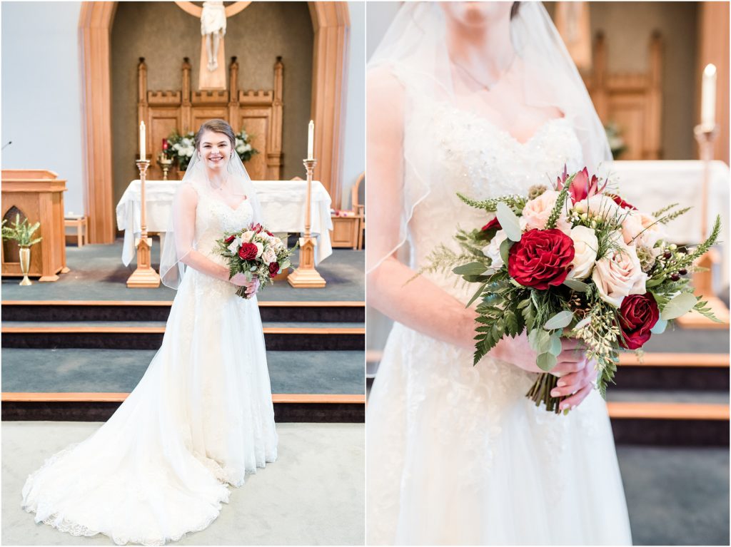 bridal details in church wine colored roses