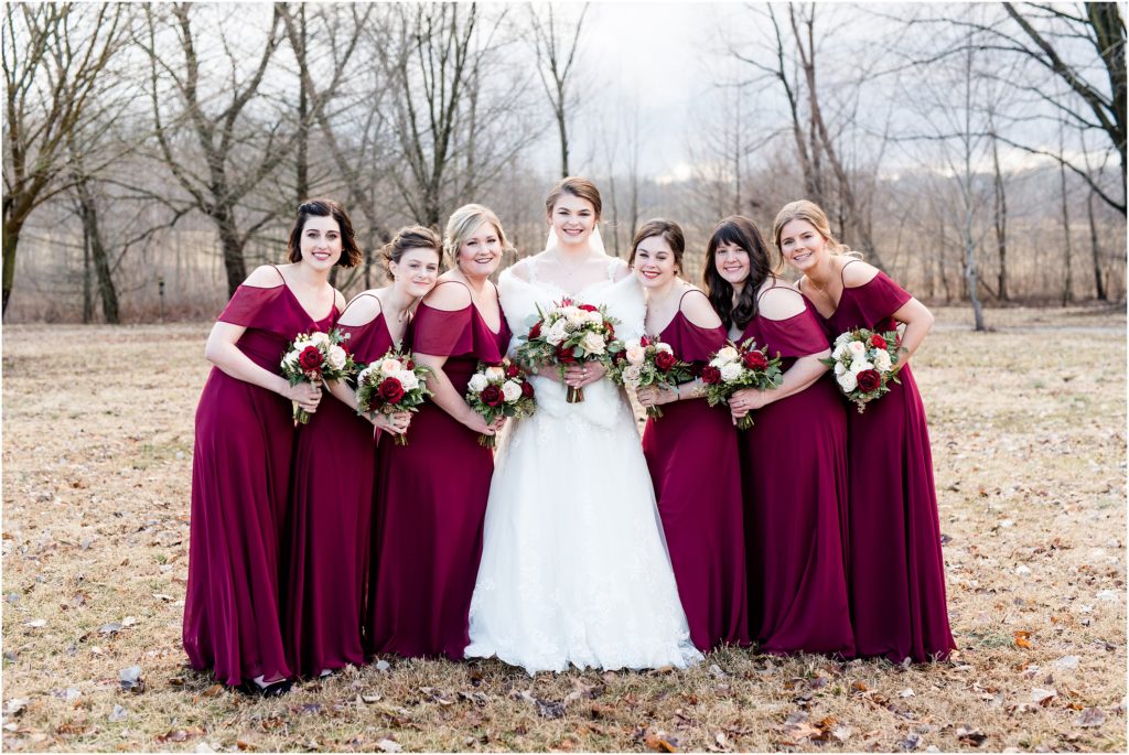 bridal party portraits with wine colored bridesmaids dresses