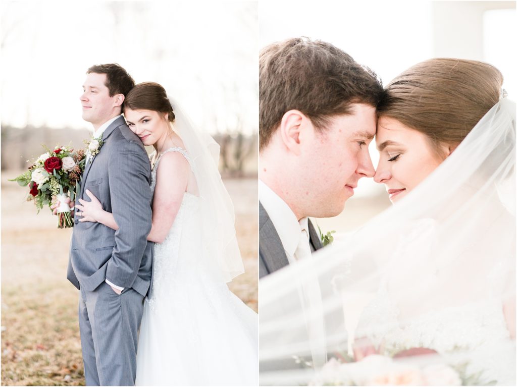 bride and groom portraits with veil