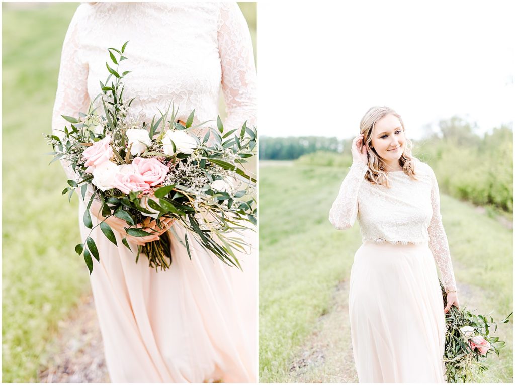 married couple anniversary session with pink and white bouquet