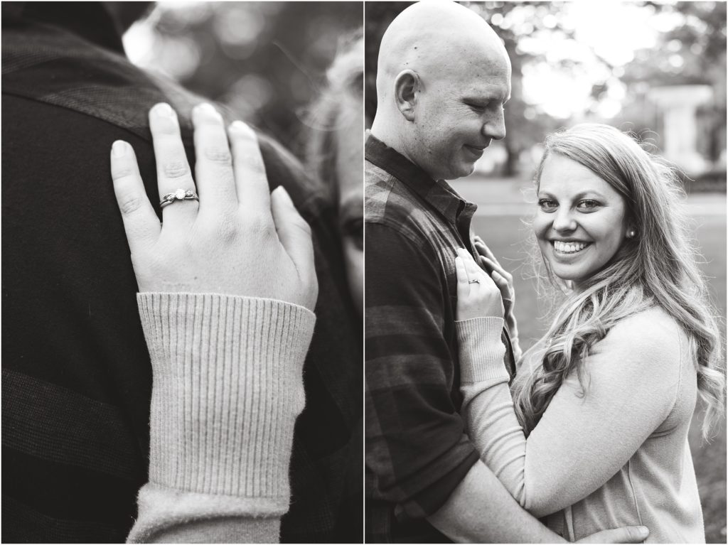 black and white image of engaged couple and details of engagement ring