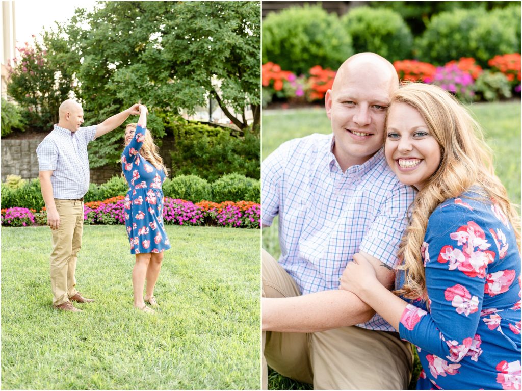 couple dancing on grass for engagement session in Jefferson City, mo