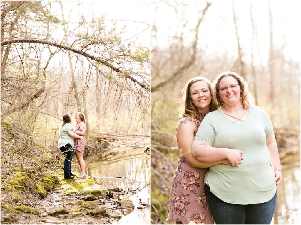 engaged couple standing in creek at Jefferson City greenway trail engagement session