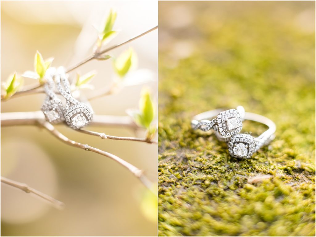 detail photos of diamond engagement rings on tree branch and moss for engagement photos