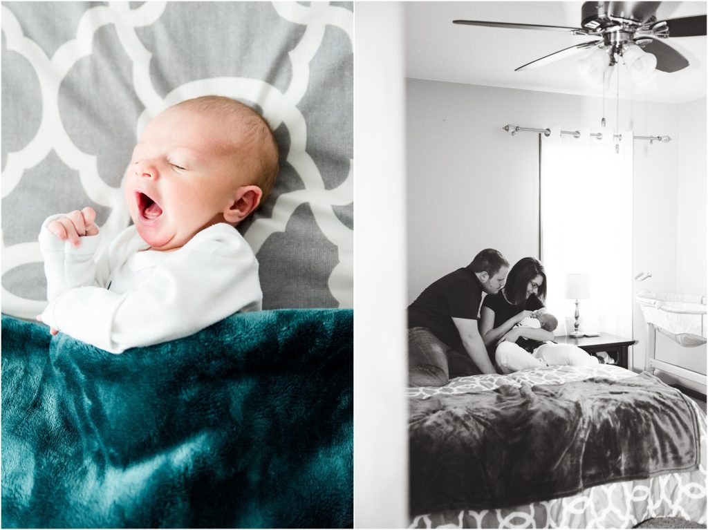 newborn baby boy yawning with blue blanket and mom and dad holding baby on bed