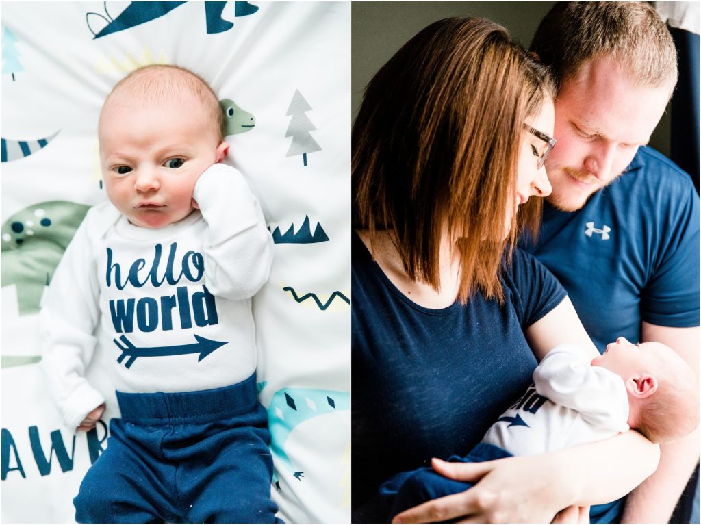 newborn baby boy with hello world onesie on and mom and dad holding baby boy