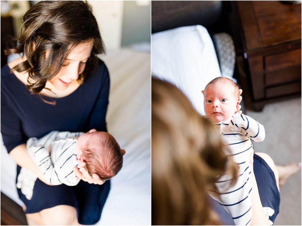 mom holding baby boy for newborn session in the home