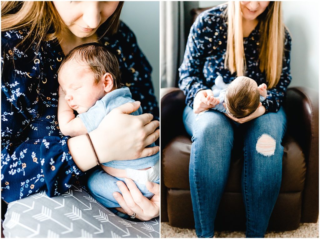 baby boy in blue snuggled next to mom on chair for columbia, mo newborn session