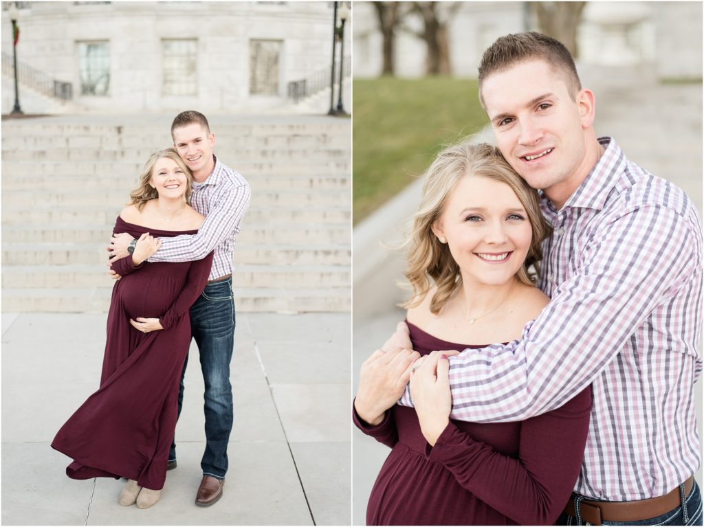 couple holding each other and hugging on missouri capitol steps for maternity session