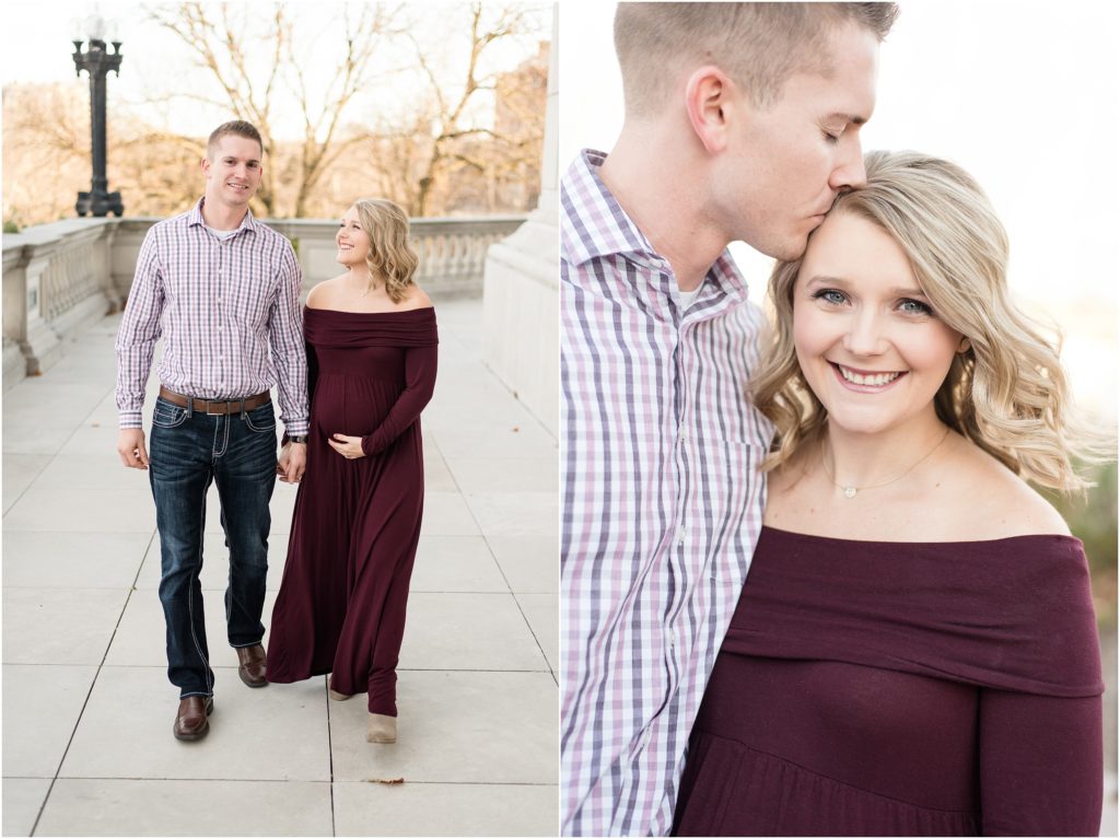 couple walking outside of capitol building and kissing in maroon dress 