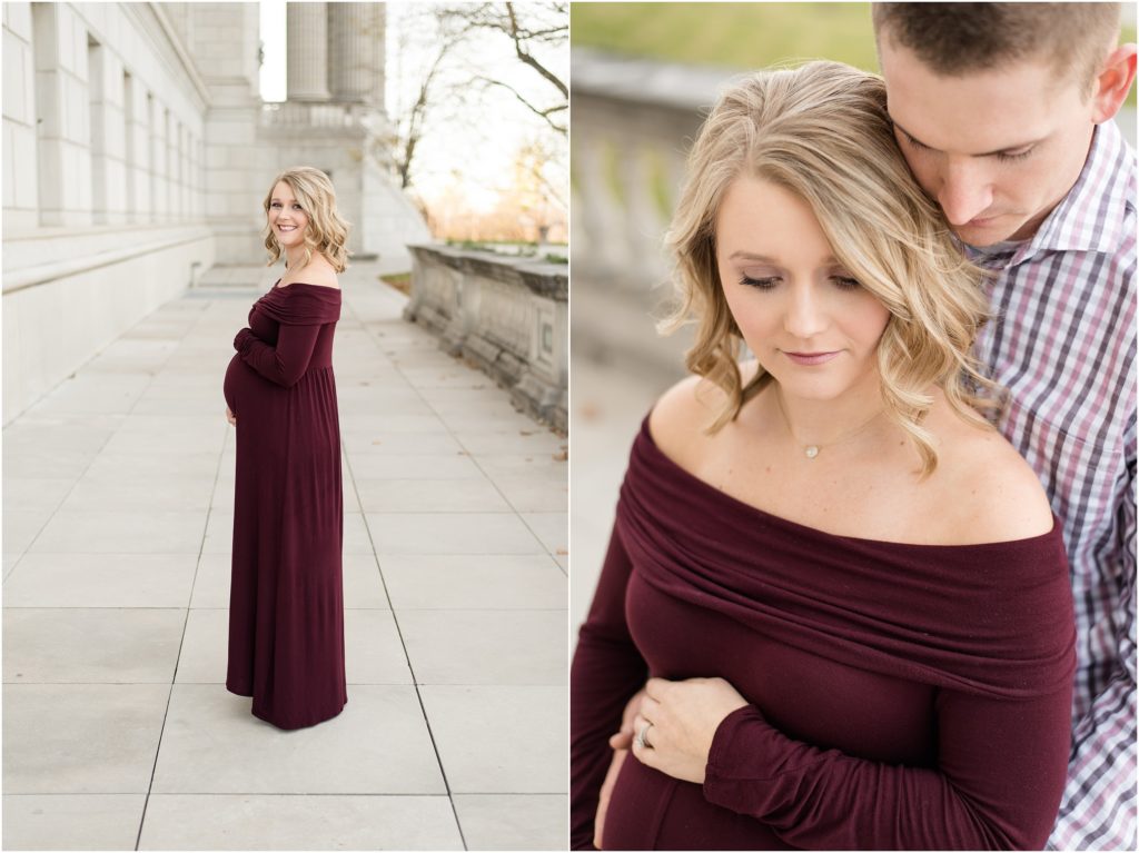 couple looking down and standing outside of capitol building for maternity session