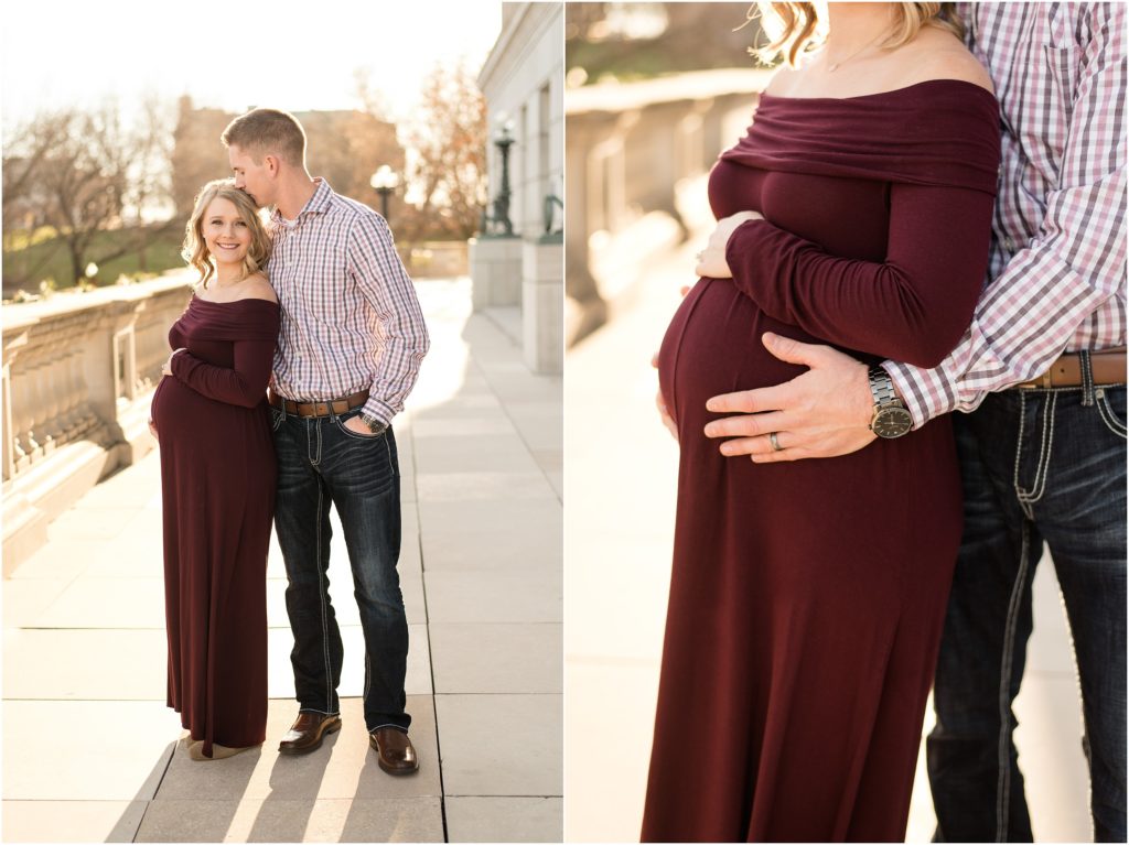 couple standing in sunlight for Missouri state capitol maternity session
