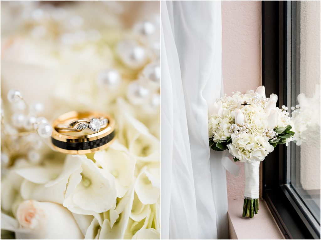 winter wedding details of rings on white roses and bouquet