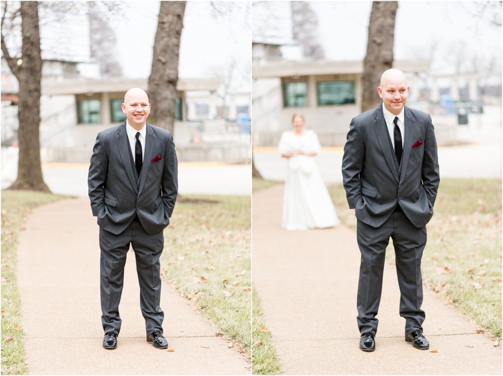 first look on capitol grounds for missouri state capitol wedding