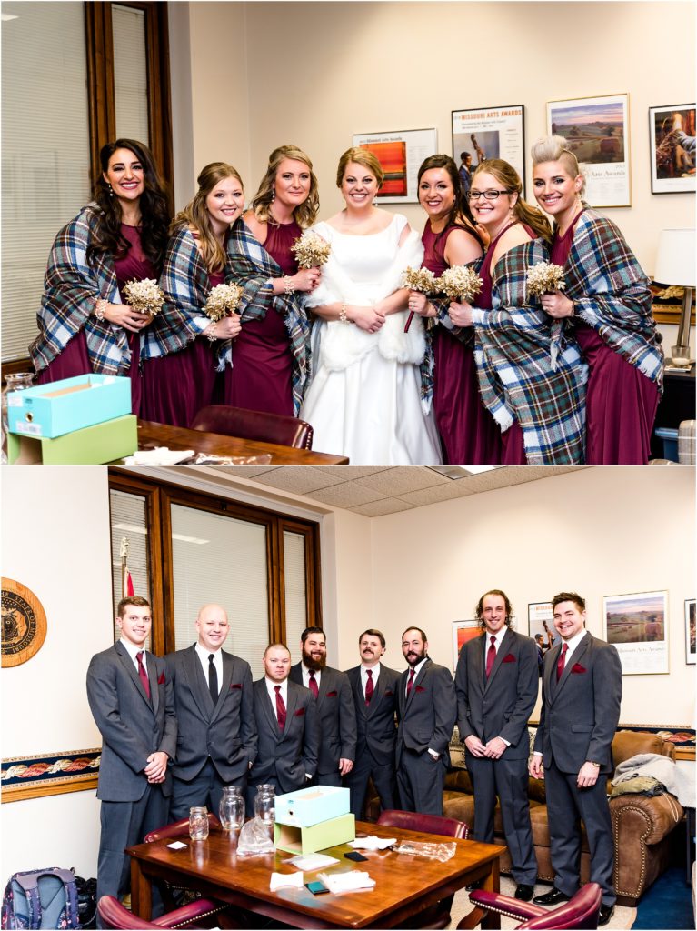 wedding party in getting ready room for missouri state capitol wedding wearing maroon dresses and plaid scarves
