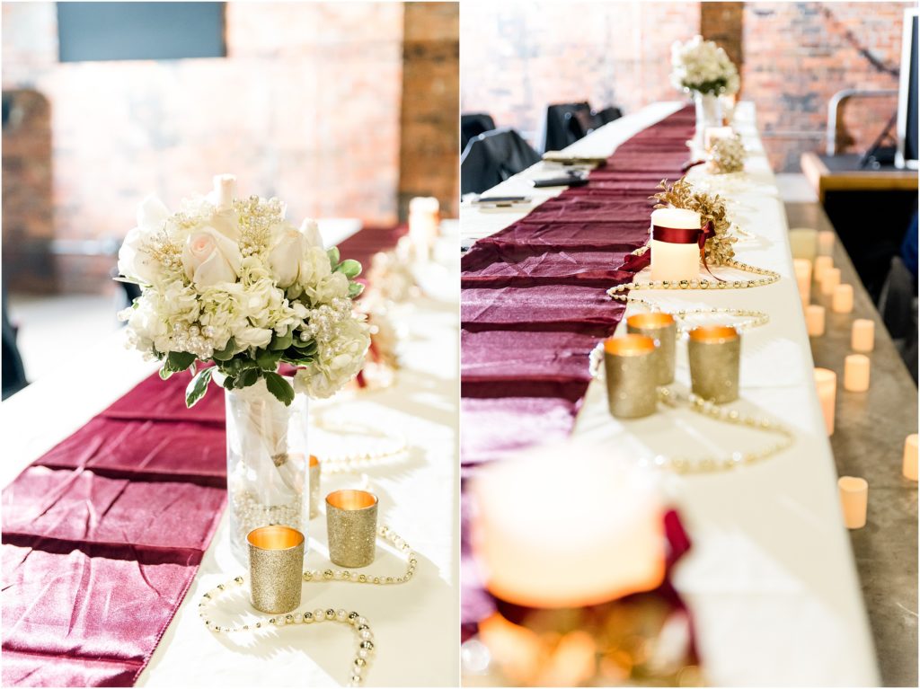 wedding reception details with maroon, white and gold for the millbottom wedding reception