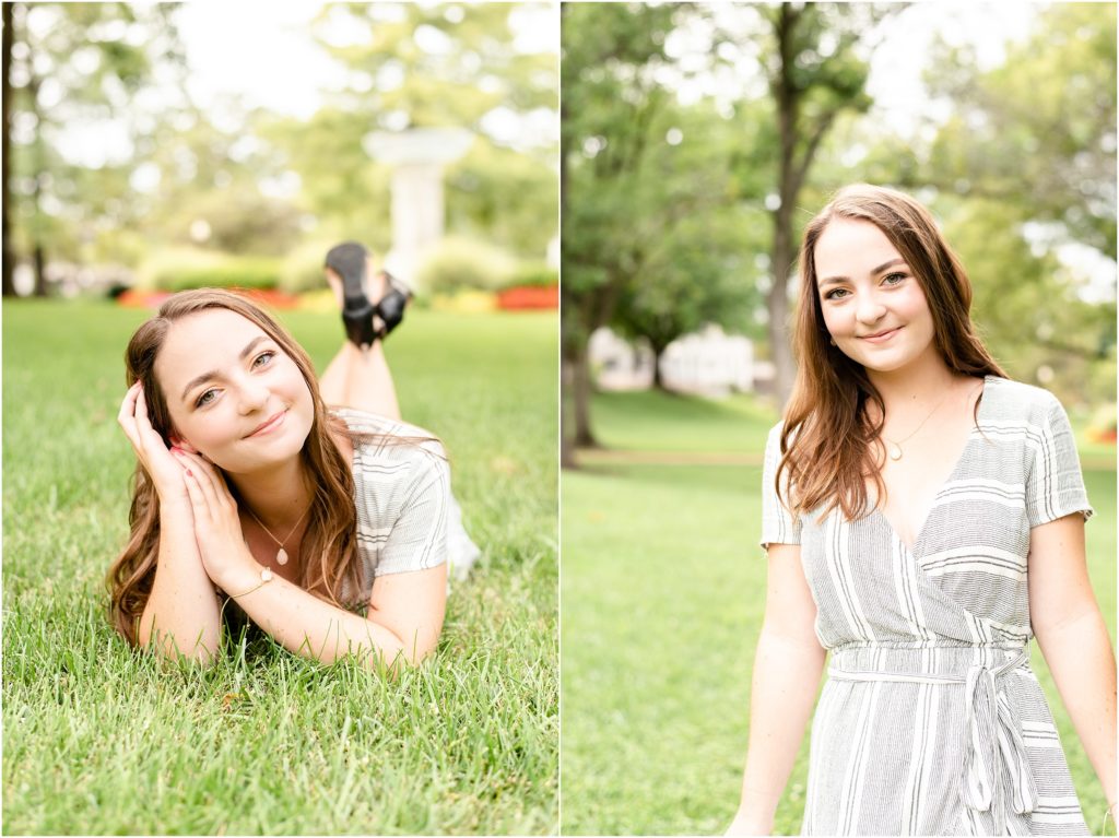 senior girl laying in the grass for senior photos on missouri capitol lawn