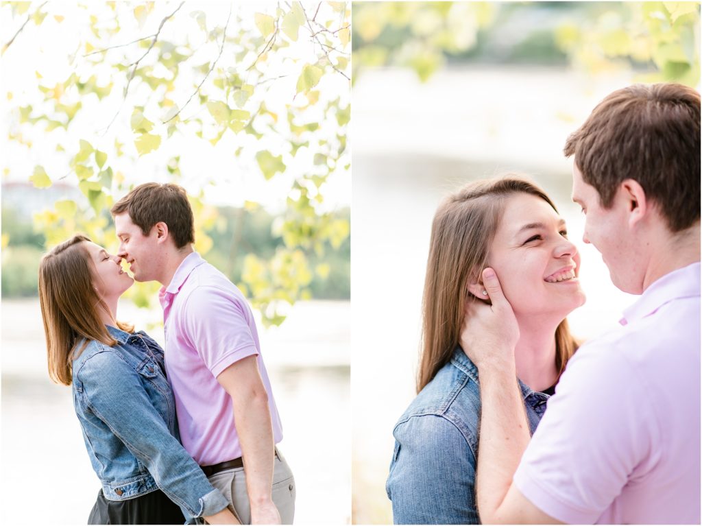 engaged couple kissing for engagement session under tree
