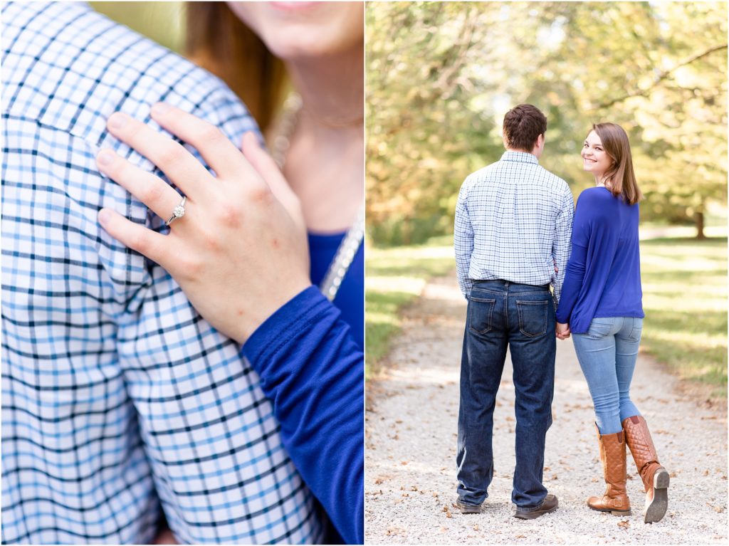 detail of engagement ring and couple standing on gravel path in Jefferson City, mo park for engagement portraits
