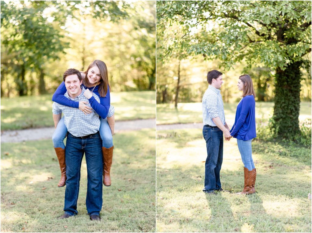 couple piggyback and holding hands under trees for engagement pictures