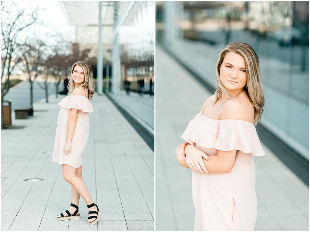 senior girl posing in pink dress for downtown jefferson city high school senior session