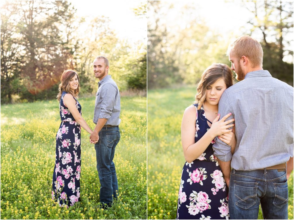 couple standing in wildflower field for couples portraits in Linn, MO