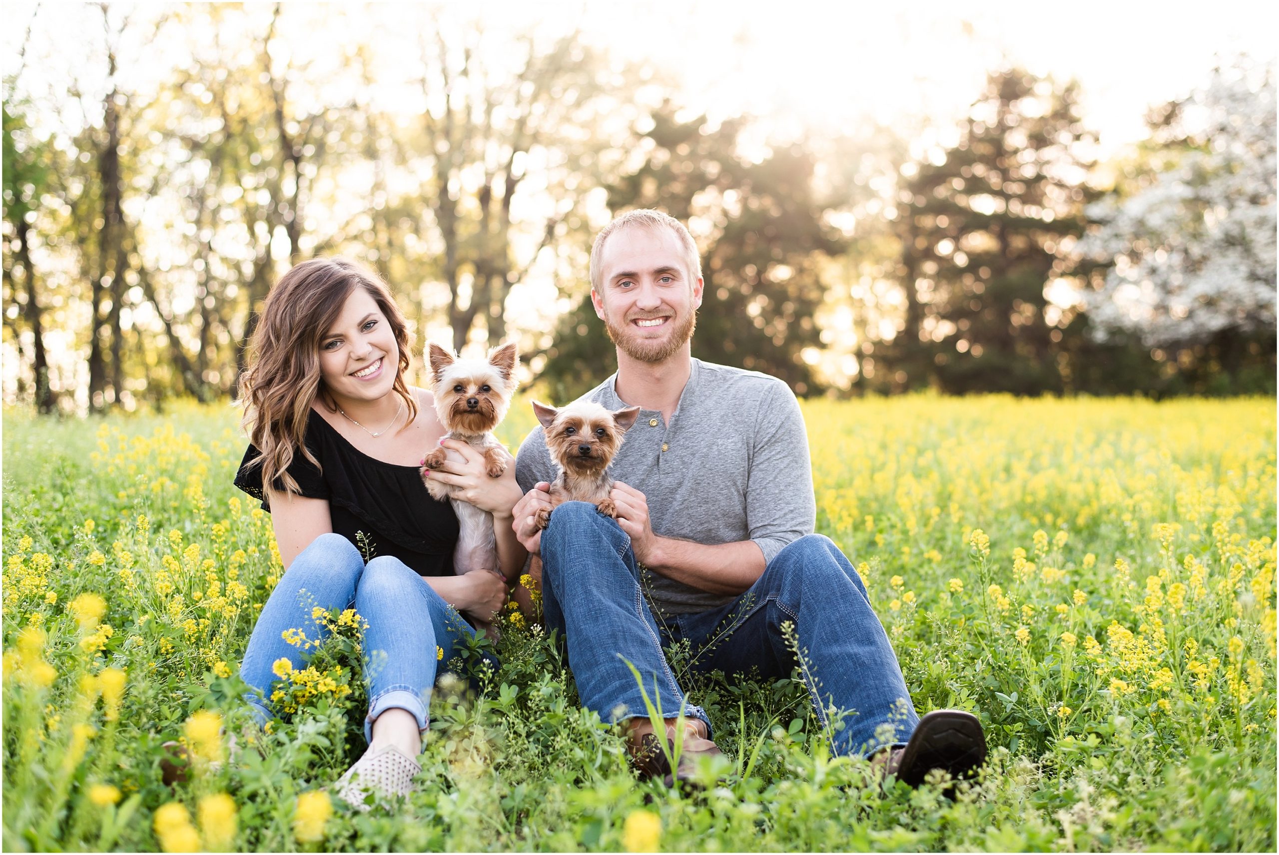 couple sitting in wildflower field with two yorkies smiling at camera