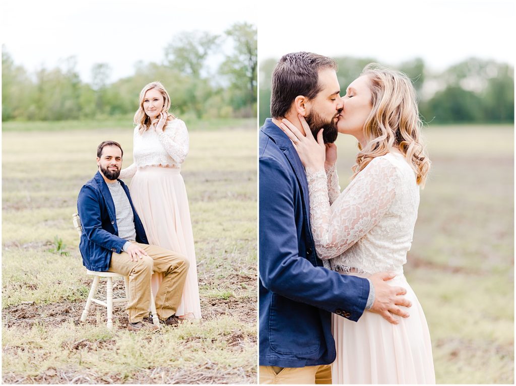husband and wife posing for portraits and kissing in field