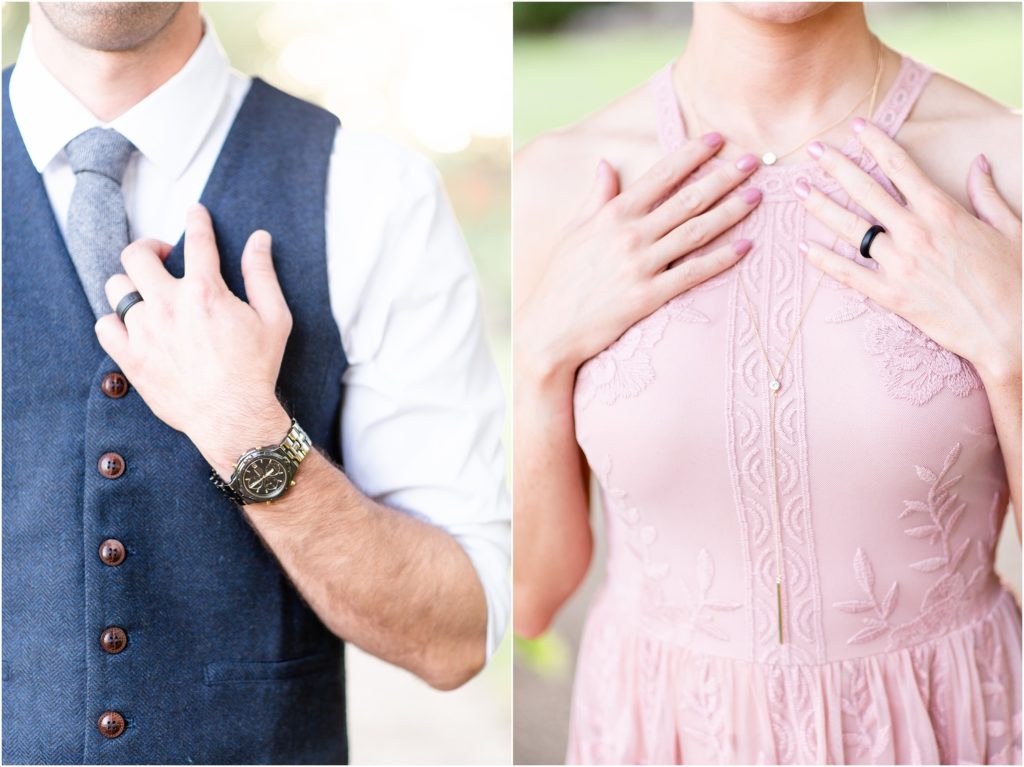 up close details of rings and watch on engaged couple during engagement session