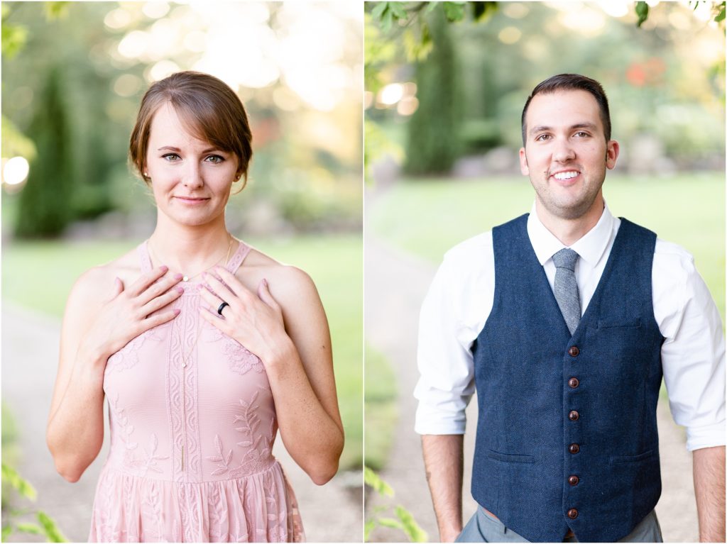 engaged couple portraits side by side with sunlight behind