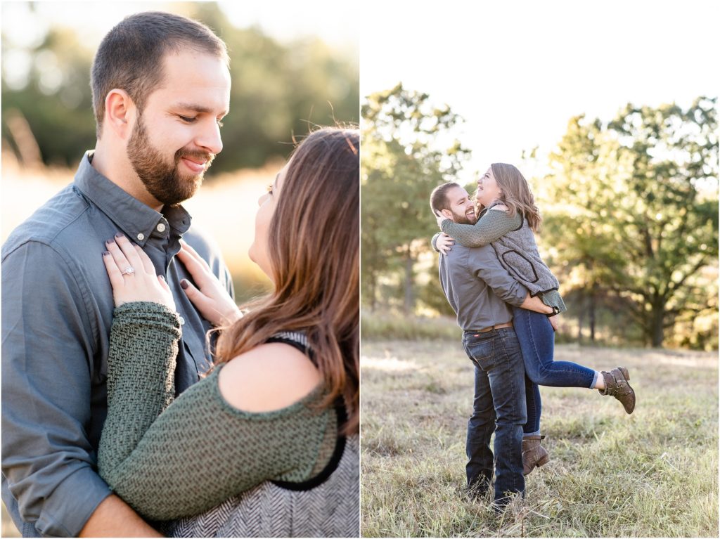 couple laughing and holding each other with green trees in background at runge nature center engagement session