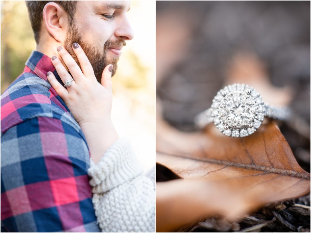 detail shot of engagement ring on brown leaf