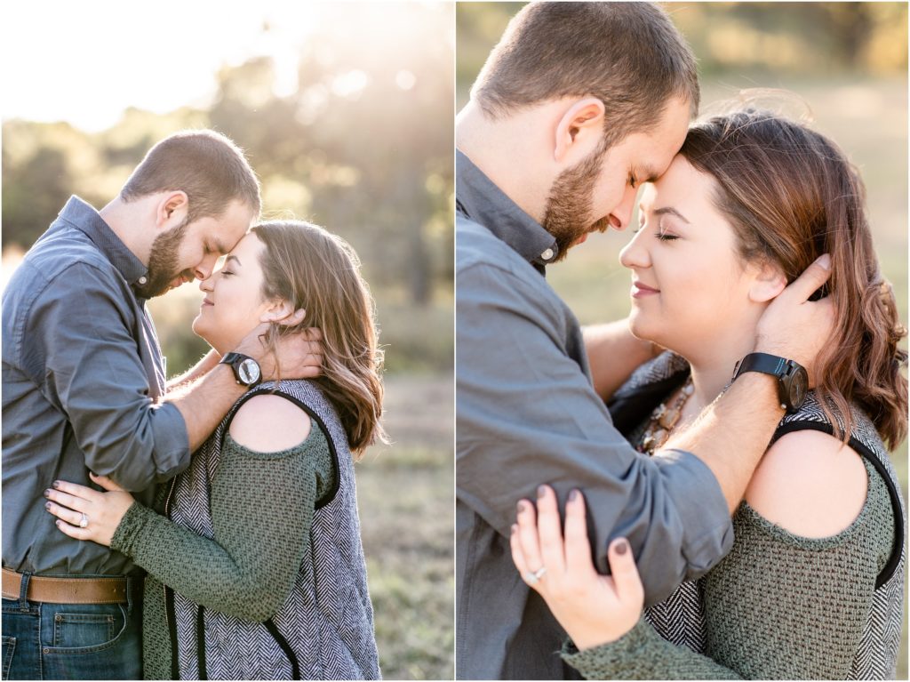 couple touching foreheads and holding each other during sunset of engagement session
