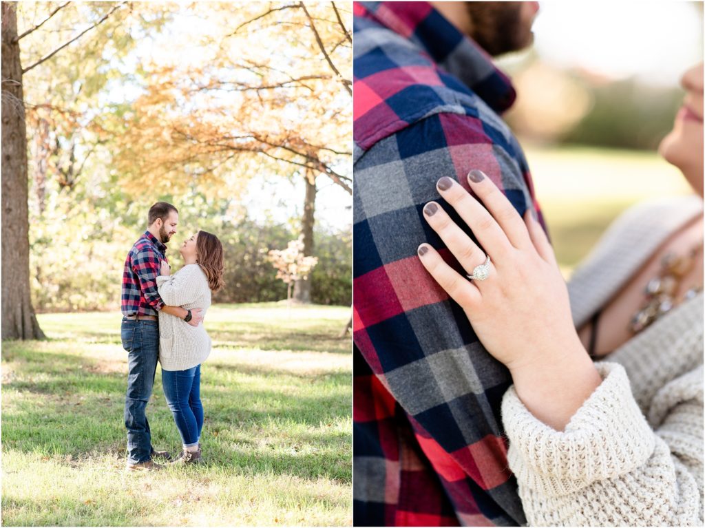 up close of ring and couple standing together for engagement session