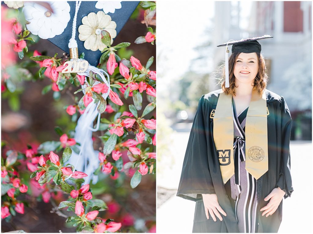 mizzou senior in cap and gown next to pink flowers