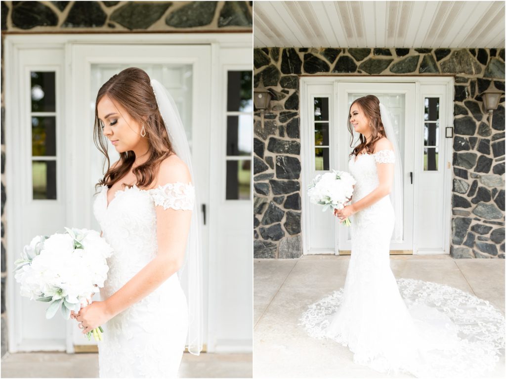 bride portrait with bouquet on front porch of linn, mo home