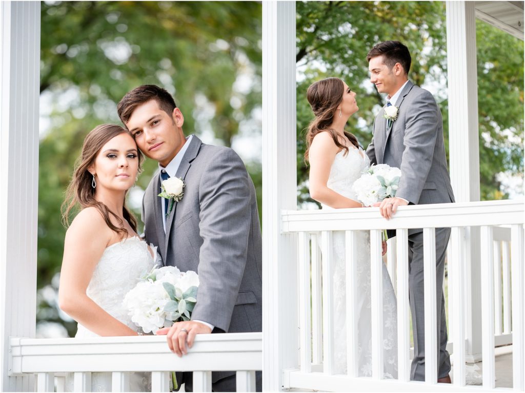 bride and groom posing on porch