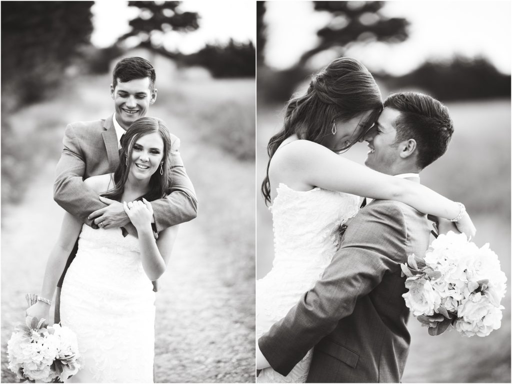 black and white images of bride and groom smiling for portraits