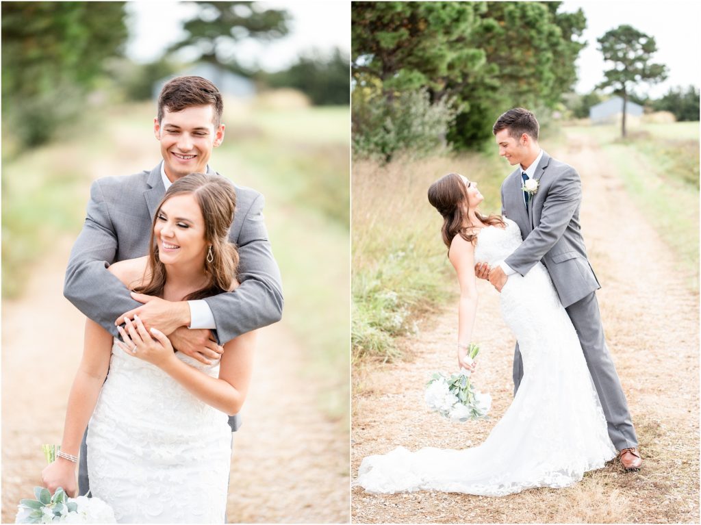 bride and groom portraits on gravel path smiling and dipping