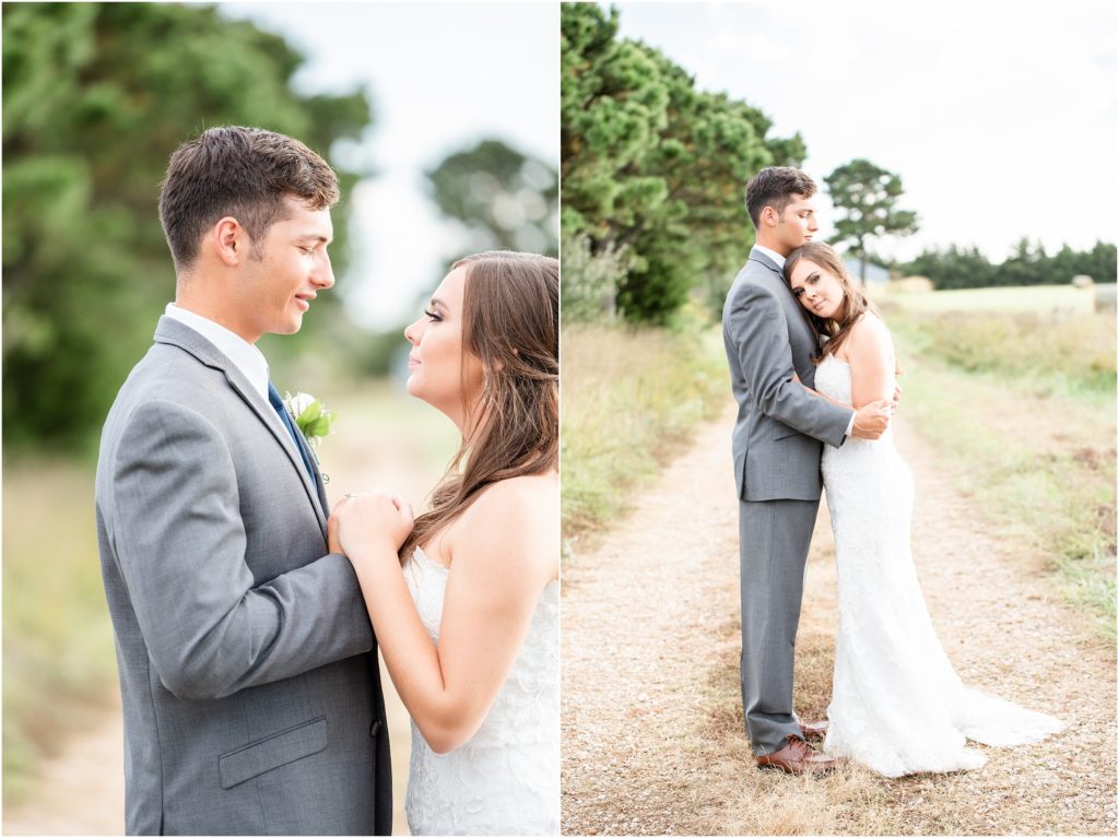 bride and groom portraits on gravel path