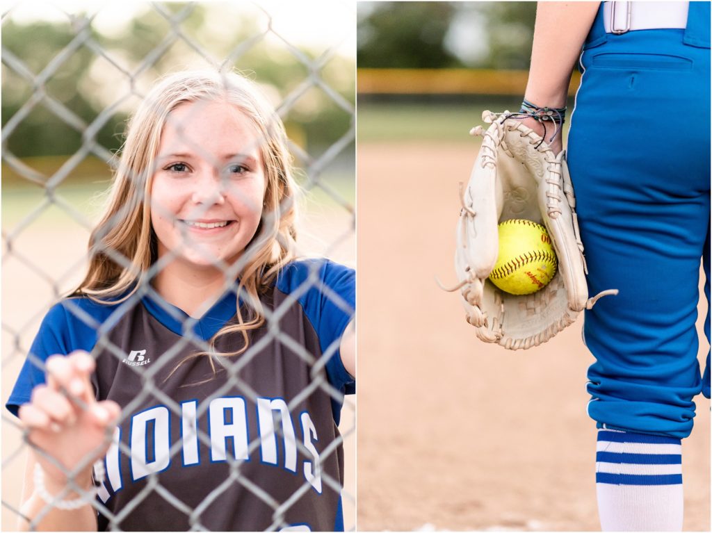 senior girl posing with softball in softball uniform for Russellville high school senior session
