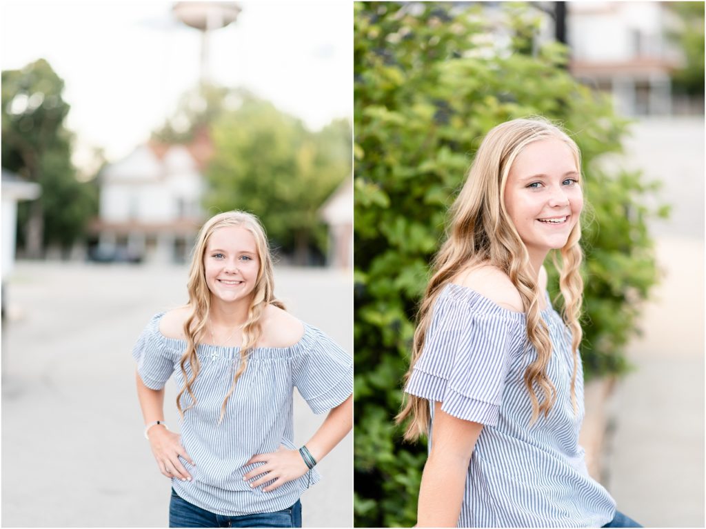 blonde girl posing for senior photos in downtown Russellville, mo