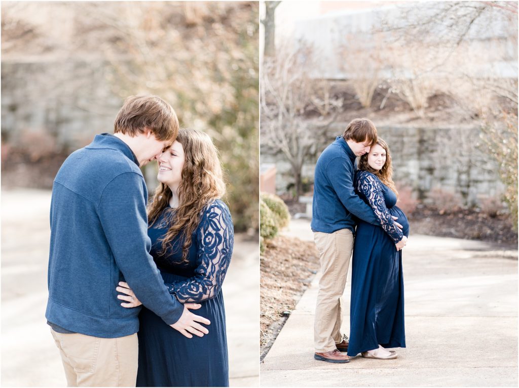 Maternity session at missouri governor's garden with couple wearing navy