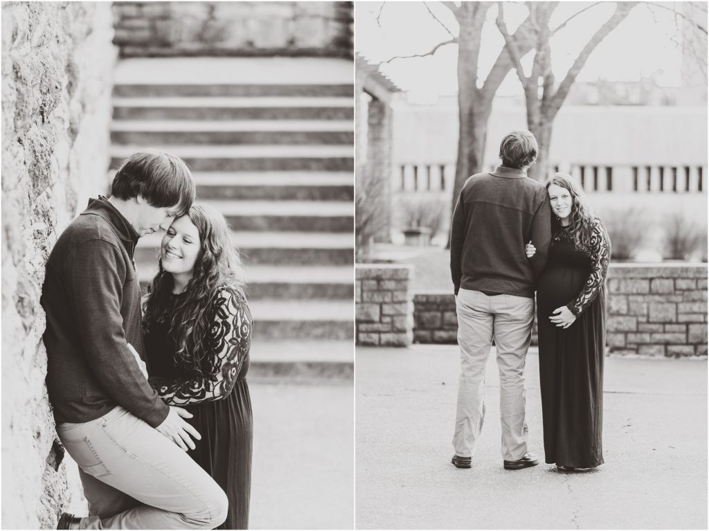 black and white image of maternity session couple standing and smiling