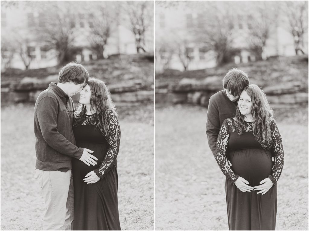 black and white image of maternity session couple posing on grass by the missouri capitol grounds
