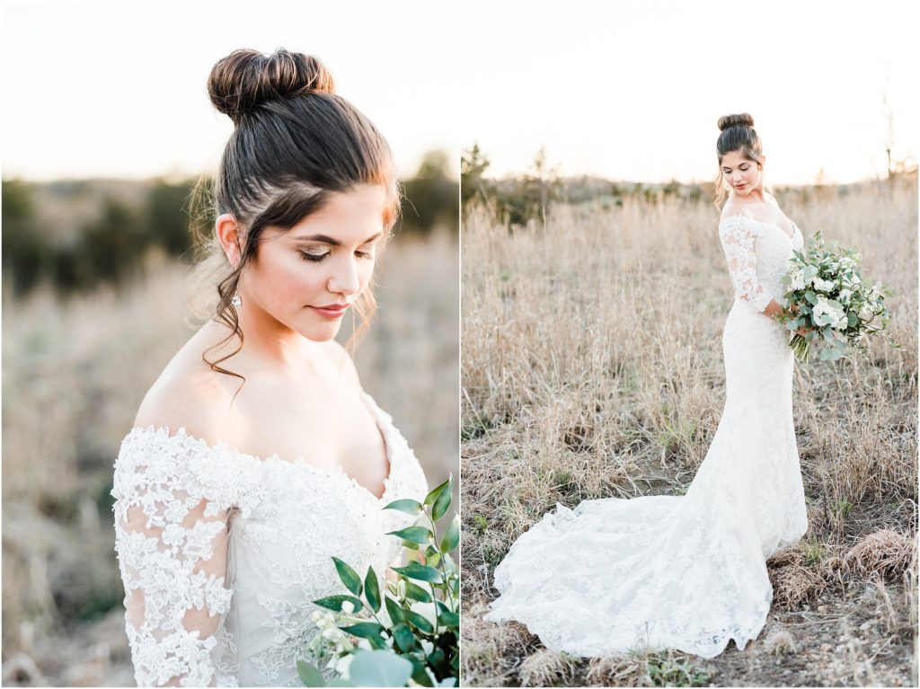 bridal portraits during sunset bridal session in field with green and white bouquet