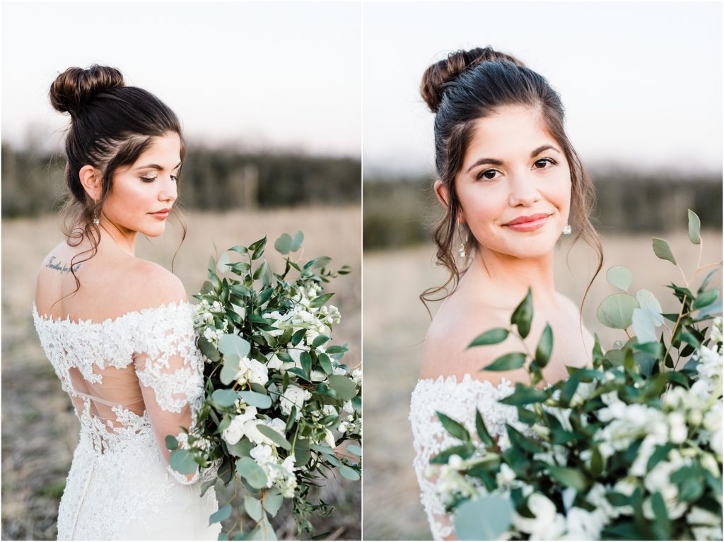 bridal portraits with green and white bouquet