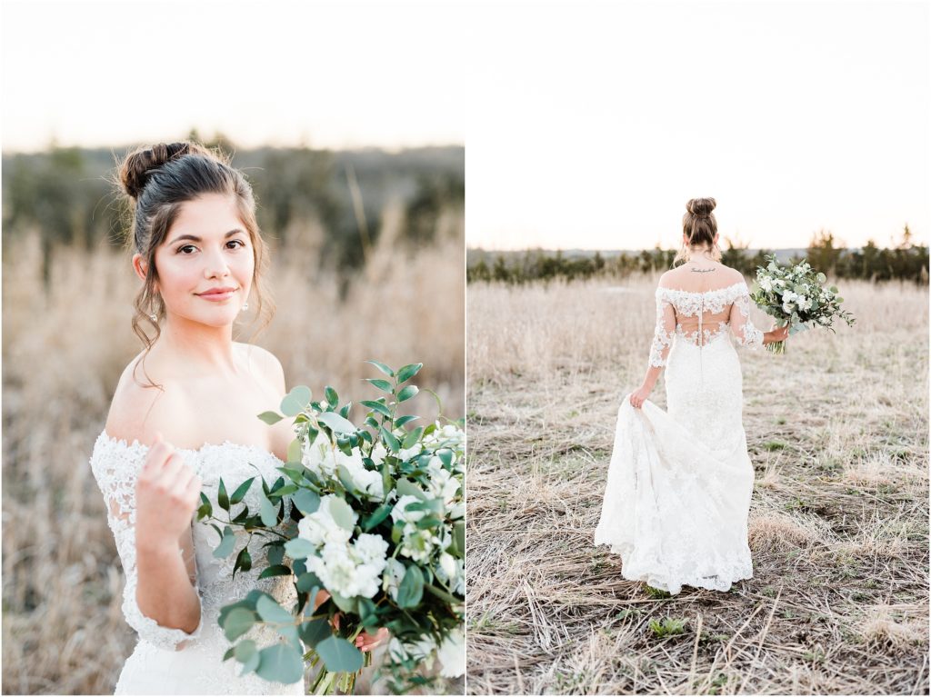bridal portraits of bride in field at sunset during bridal session